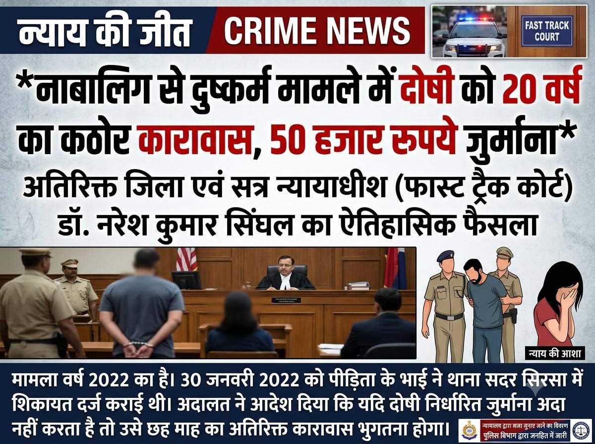 नाबालिग से दुष्कर्म मामले में दोषी को 20 वर्ष का कठोर कारावास, 50 हजार रुपये जुर्माना